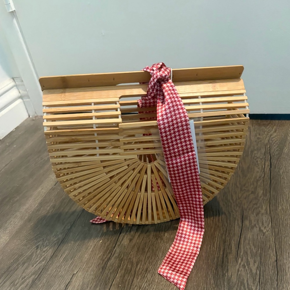 Half-Moon Bamboo Woven Handbag with Red Houndstooth Scarf - Picture 4 of 4